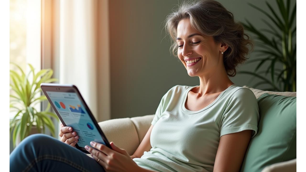 Mujer sonriendo tranquilamente mientras usa una tablet, con una gráfica de bienestar mental en pantalla, en un entorno sereno y lleno de luz.