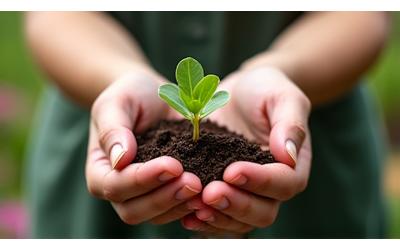 Mano sosteniendo una planta pequeña, simbolizando reforestación.