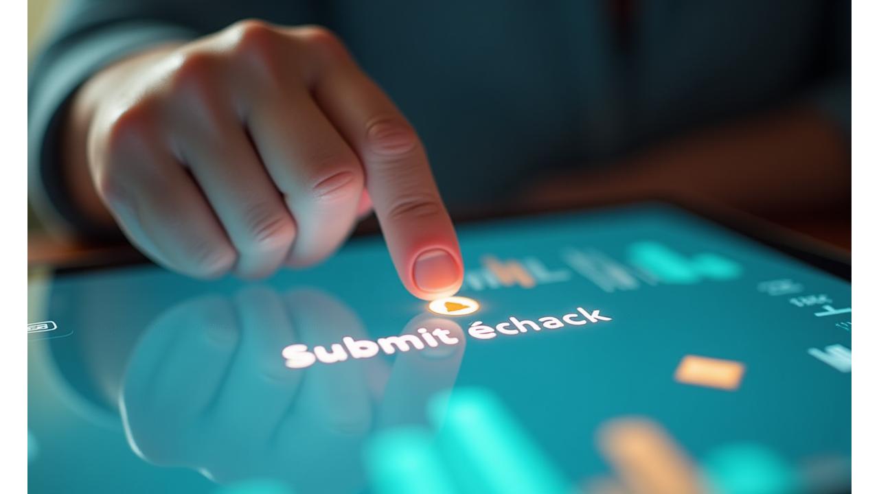 Una mano adulta presionando un botón de retroalimentación en una pantalla táctil brillante con gráficos de estadísticas y un pulgar hacia arriba, simbolizando la facilidad de la contribución y la respuesta positiva.