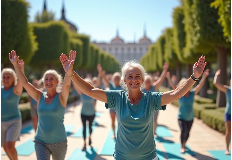 Un grupo de personas sonrientes en el Jardín del Turia en Valencia, participando en una clase de yoga al aire libre, con el Puente de las Flores al fondo.