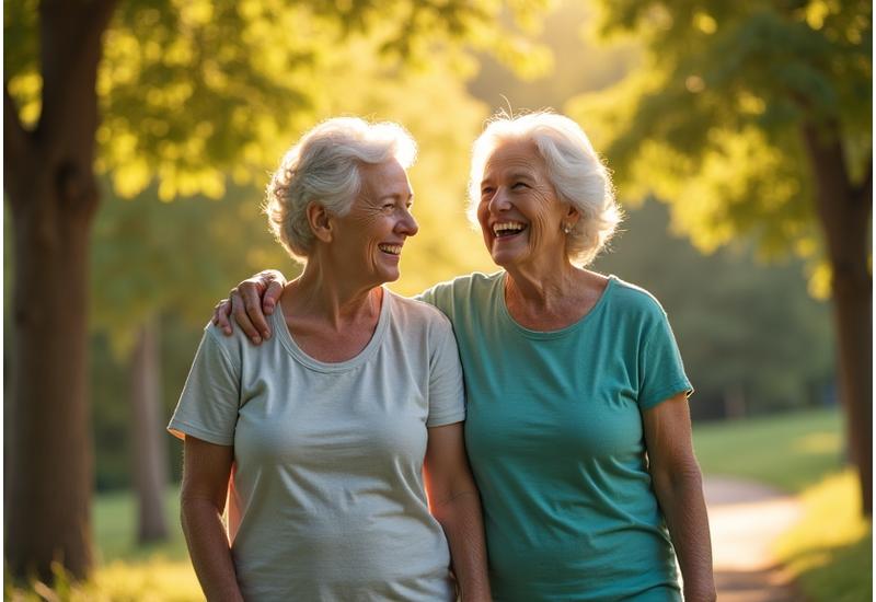 Dos adultos mayores, sonriendo y apoyándose mutuamente mientras dan un paseo tranquilo por un parque, simbolizando apoyo y compañerismo.