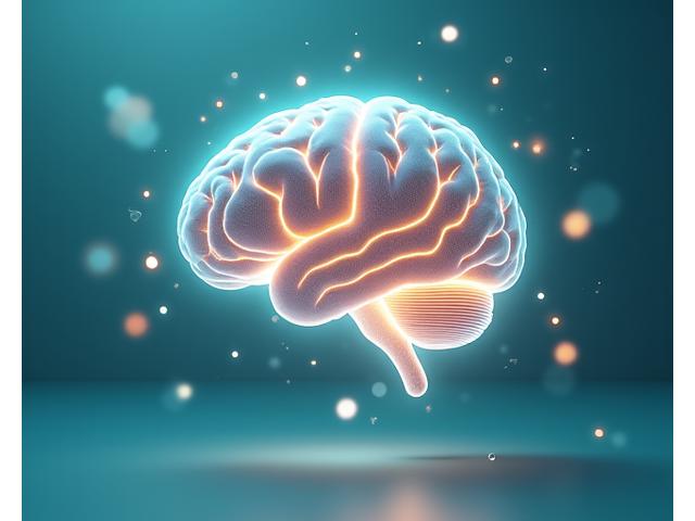 Cerebro humano estilizado con nodos luminosos conectados, flotando en un espacio abstracto y sereno con suaves colores, simbolizando la claridad mental y la neuroprotección.