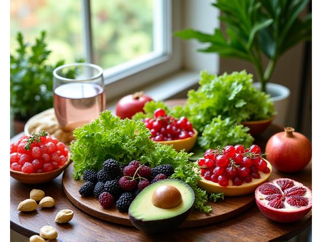 Mesa limpia con alimentos frescos, coloridos y saludables como bayas, verduras de hoja verde, nueces y aguacates, simbolizando una dieta anti-envejecimiento.