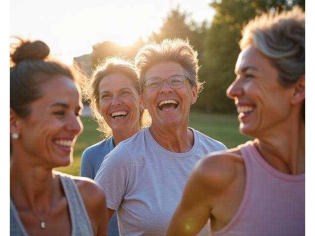 Grupo diverso de adultos de 40-60 años, riendo y conversando después de una sesión de Pilates al aire libre en el Jardín del Turia, Valencia, mostrando camaradería y bienestar.