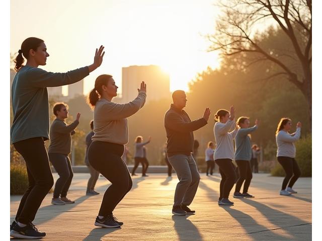 Grupo de adultos de mediana edad haciendo Tai Chi al aire libre en el Parque del Gulliver en Valencia, al atardecer, transmitiendo calma y conexión con la naturaleza.