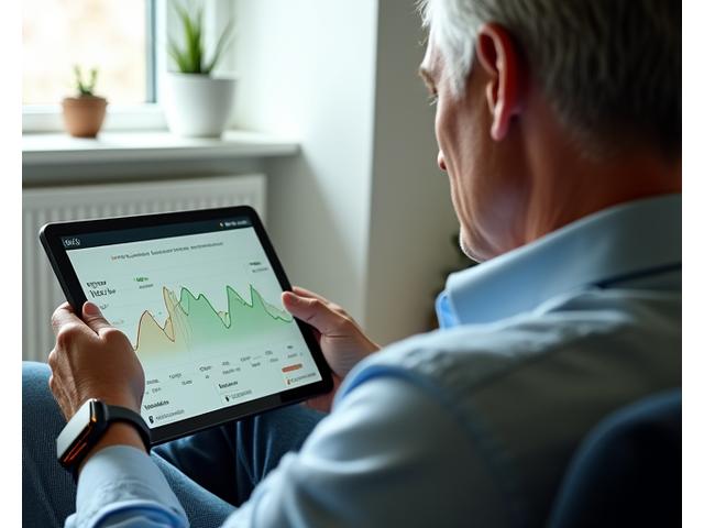 Persona de edad mediana usando un dispositivo wearable mientras consulta una tablet que muestra gráficos de datos de salud y recuperación, en un entorno luminoso y moderno.