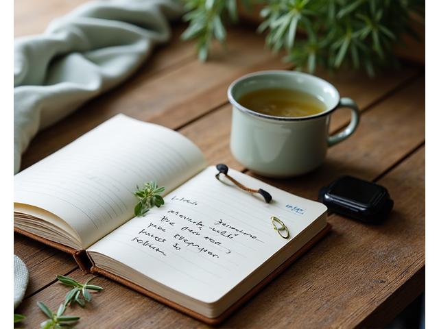 Una taza de té de hierbas humeante sobre una mesa de madera rústica, junto a una agenda abierta con el horario del día y un smartwatch, simbolizando la gestión holística de la energía a través de la nutrición, el descanso y la planificación.
