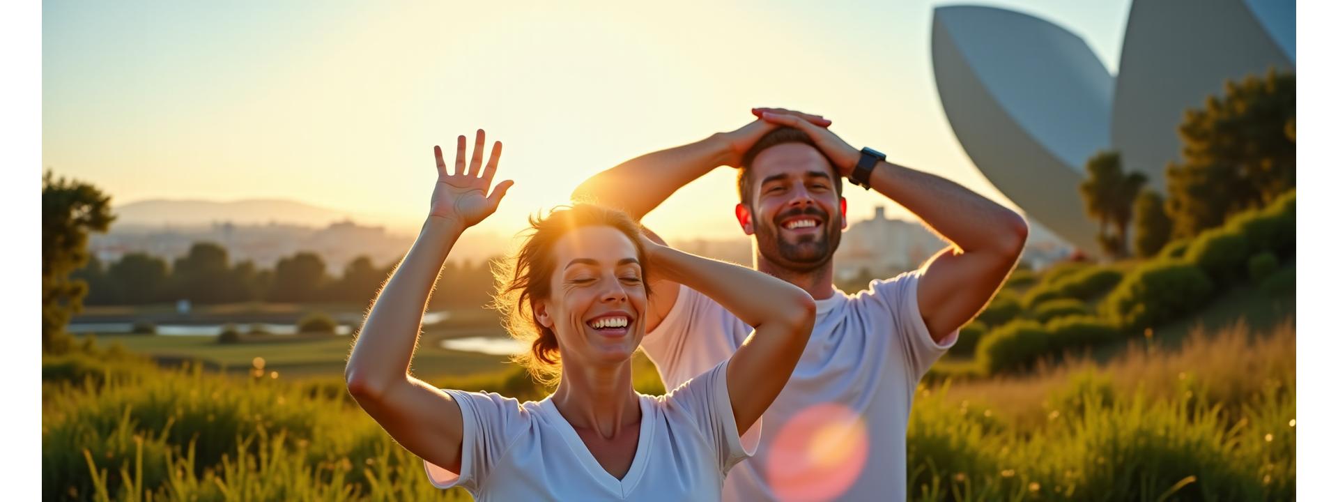 Pareja adulta sonriente y activa practicando yoga al aire libre con la Ciudad de las Artes y las Ciencias de Valencia al fondo, simbolizando bienestar y vida plena.