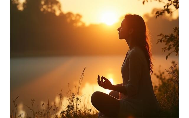 Mujer meditando serenamente al aire libre al atardecer, simbolizando la paz mental y la atención plena.