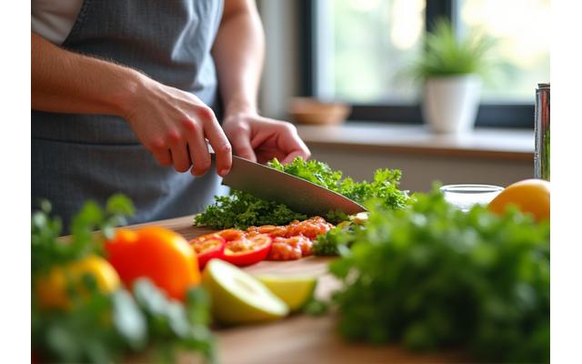 Persona preparando una comida saludable y colorida con verduras frescas y aguacate en una cocina moderna.