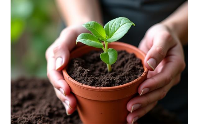 Manos plantando una pequeña plántula en tierra en una maceta, simbolizando el crecimiento y la sostenibilidad.