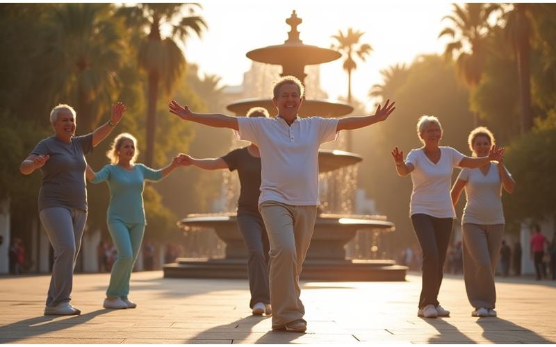 Grupo de adultos haciendo ejercicio suave en un parque de Valencia, con el sol de la mañana.