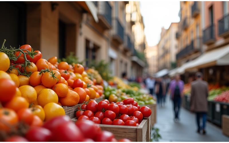 Mercado de agricultores en Valencia con productos frescos y sostenibles, personificando el consumo consciente.