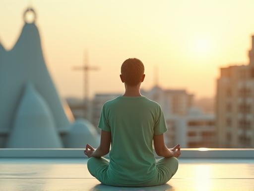 Una persona en calma meditando al aire libre, con la silueta de la Ciudad de las Artes y las Ciencias de Valencia en el fondo, creando una fusión entre serenidad y dinamismo urbano.