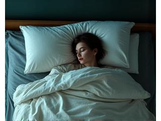 Persona durmiendo plácidamente en una cama cómoda con sábanas limpias, en un ambiente oscuro y tranquilo.