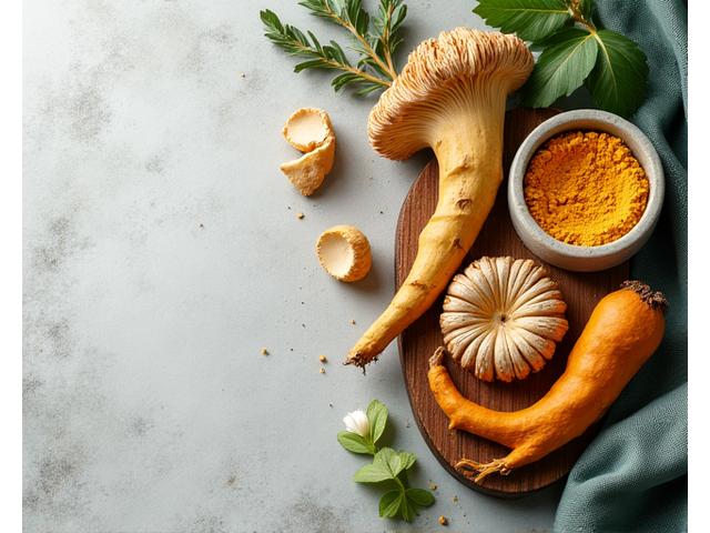 Variedad de alimentos adaptógenos como Reishi, Ashwagandha y cúrcuma dispuestos artísticamente sobre una tabla de madera, con un toque de naturaleza.