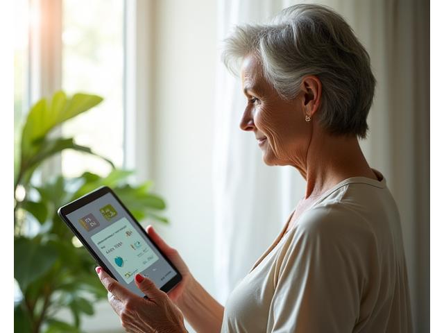 Mujer mayor usando una tablet, mostrando un gráfico de progreso nutricional en un diseño limpio y moderno.