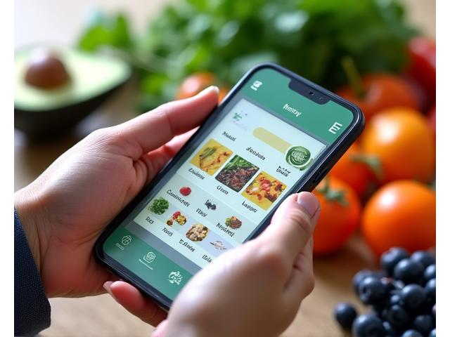 Detalle de una interfaz de aplicación móvil mostrando un plan de comidas personalizado con iconos de alimentos frescos.