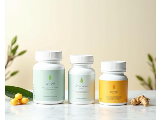 Variedad de envases de suplementos nutricionales de alta calidad, con etiquetas que sugieren ingredientes naturales y un fondo limpio y profesional.