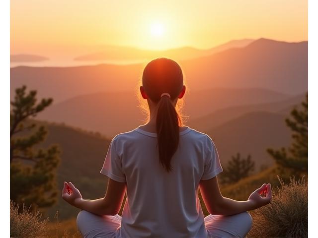 Persona meditando pacíficamente en un entorno natural al atardecer