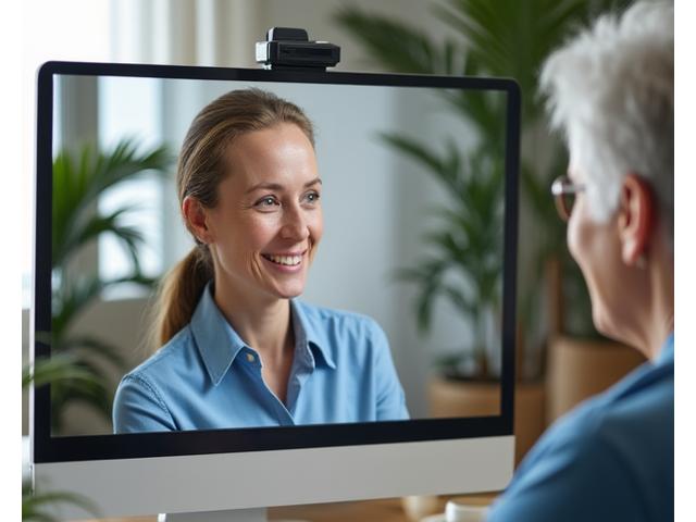 Mujer sonriente en una videollamada con una especialista en bienestar, mostrando conexión y empatía.
