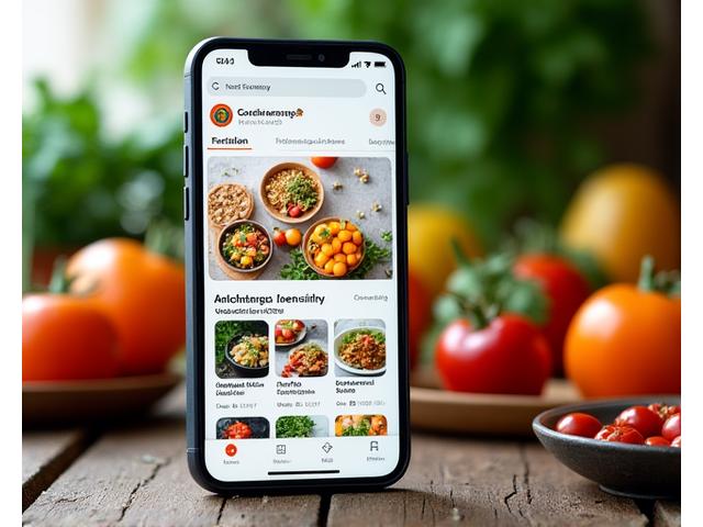 Interfaz de la aplicación de planificación nutricional con alimentos vibrantes y un plan semanal